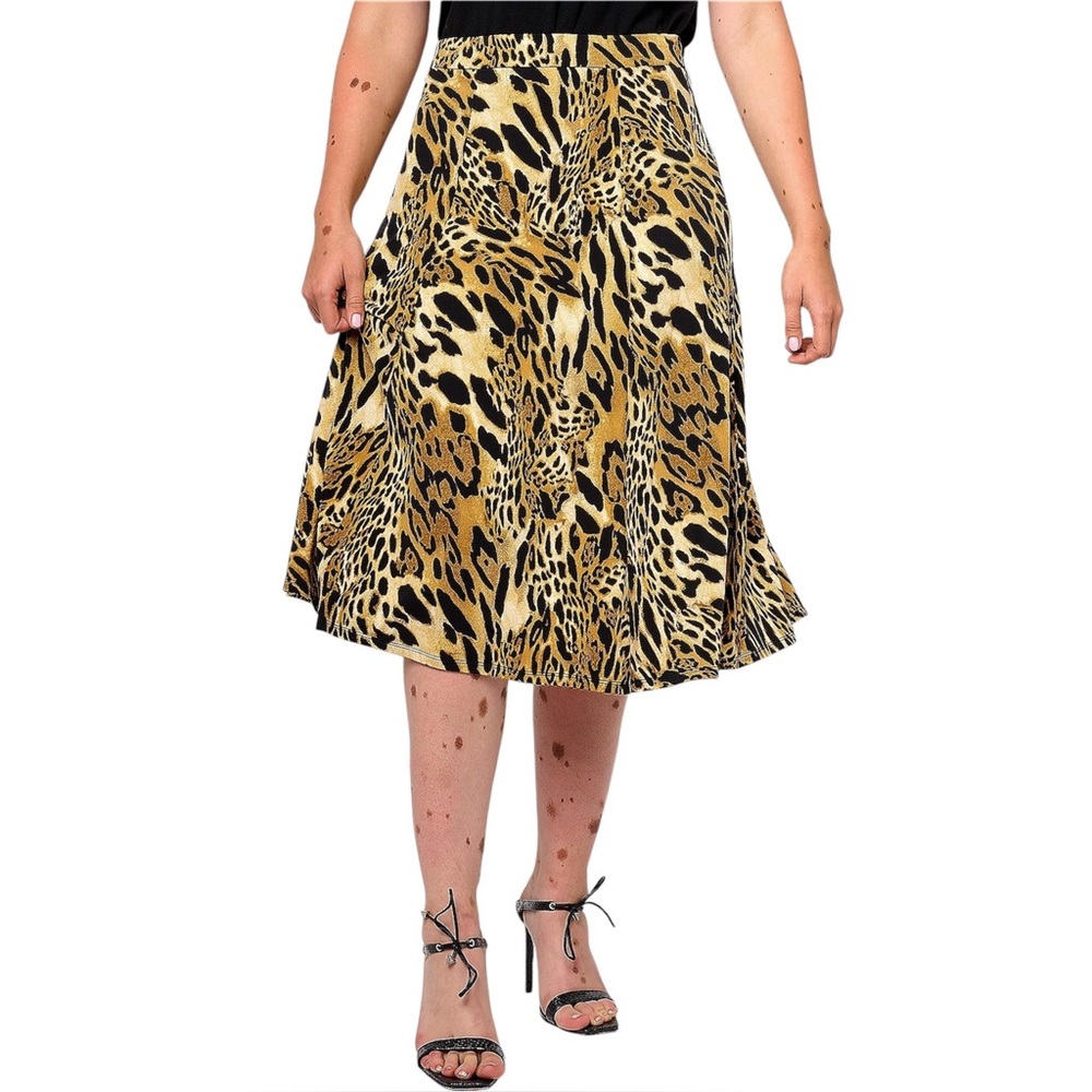 New Susan Graver Leopard Print Liquid Knit Midi Skirt Tan Black Size Medium